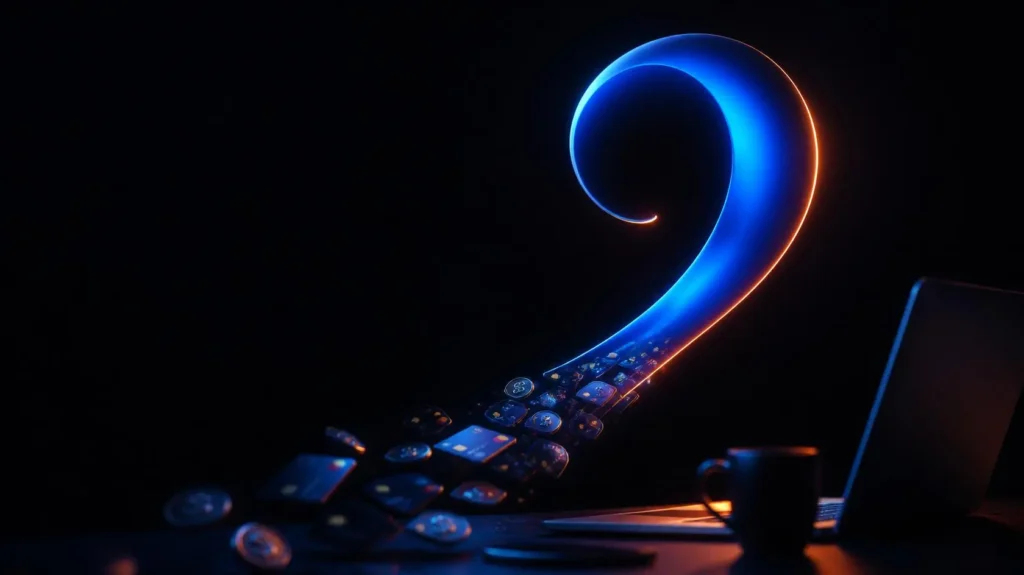 Glowing blue comma shape on a dark background with payment cards and coins streaming off its tail, representing payment processing for course creators and coaches